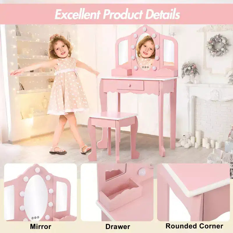 Set Toeletta per Bambini, Rosa/Bianco, Specchio Triplo Illuminato e Sgabello, per 1 Bambino