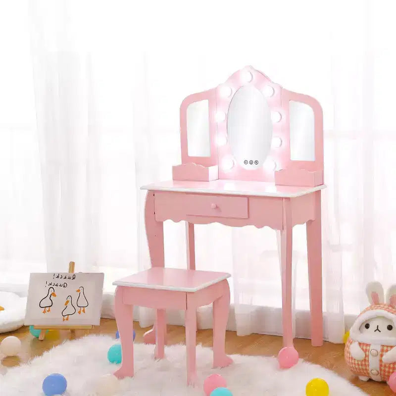 Set Toeletta per Bambini, Rosa/Bianco, Specchio Triplo Illuminato e Sgabello, per 1 Bambino