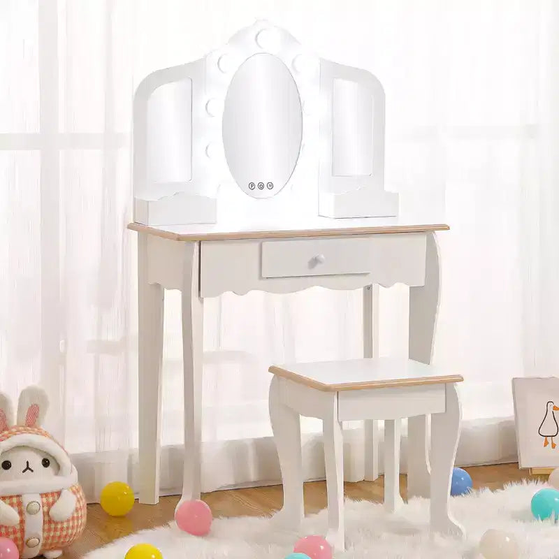 Set Toeletta per Bambini, Rosa/Bianco, Specchio Triplo Illuminato e Sgabello, per 1 Bambino