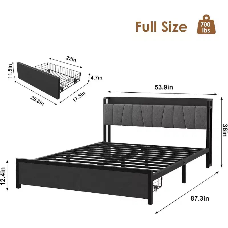 Struttura letto a piattaforma imbottita nera con contenitore e caricatore — Matrimoniale/Queen/King, per 1-2 persone