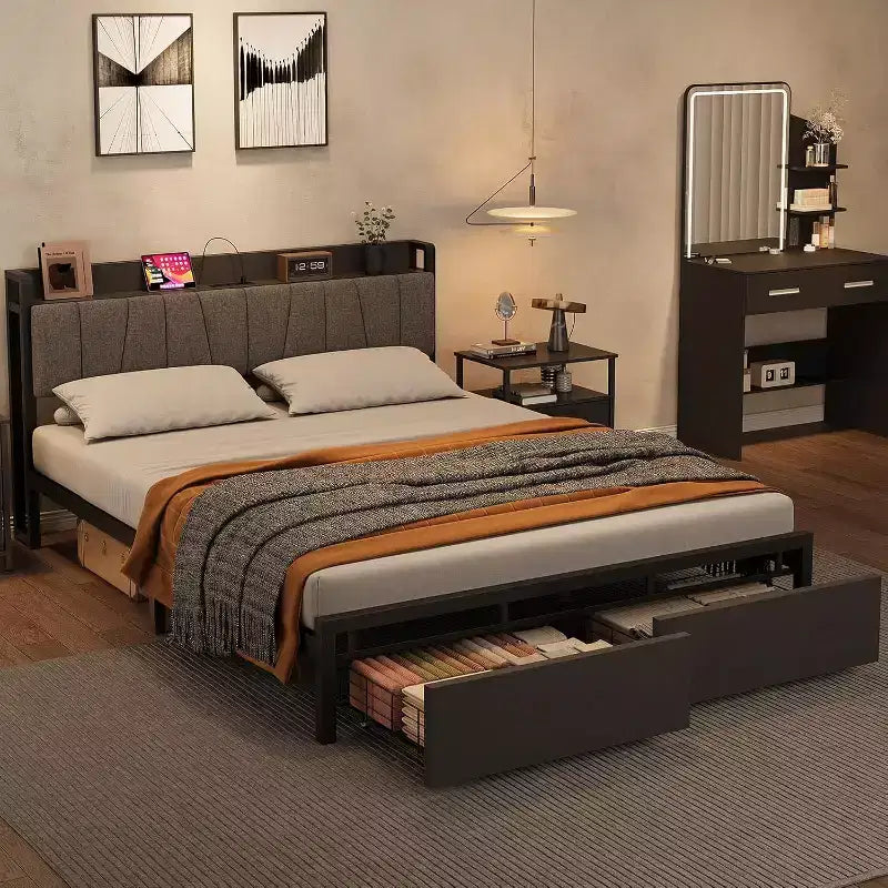 Struttura letto a piattaforma imbottita nera con contenitore e caricatore — Matrimoniale/Queen/King, per 1-2 persone