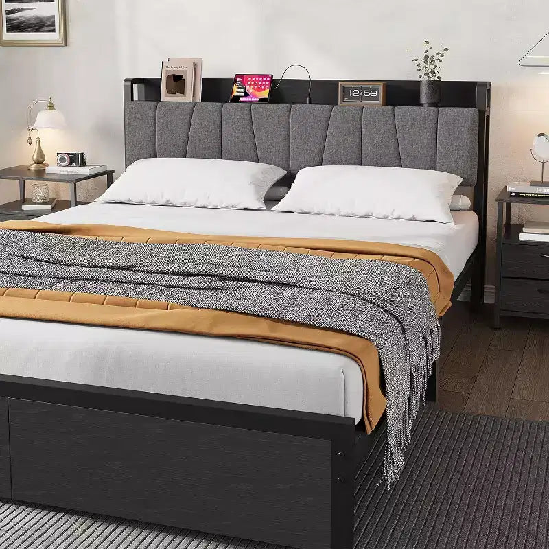 Struttura letto a piattaforma imbottita nera con contenitore e caricatore — Matrimoniale/Queen/King, per 1-2 persone