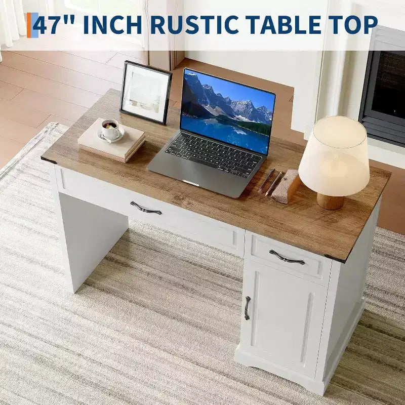 Scrivania in stile rustico con cassetti e armadietto – Bianco anticato, 1 persona