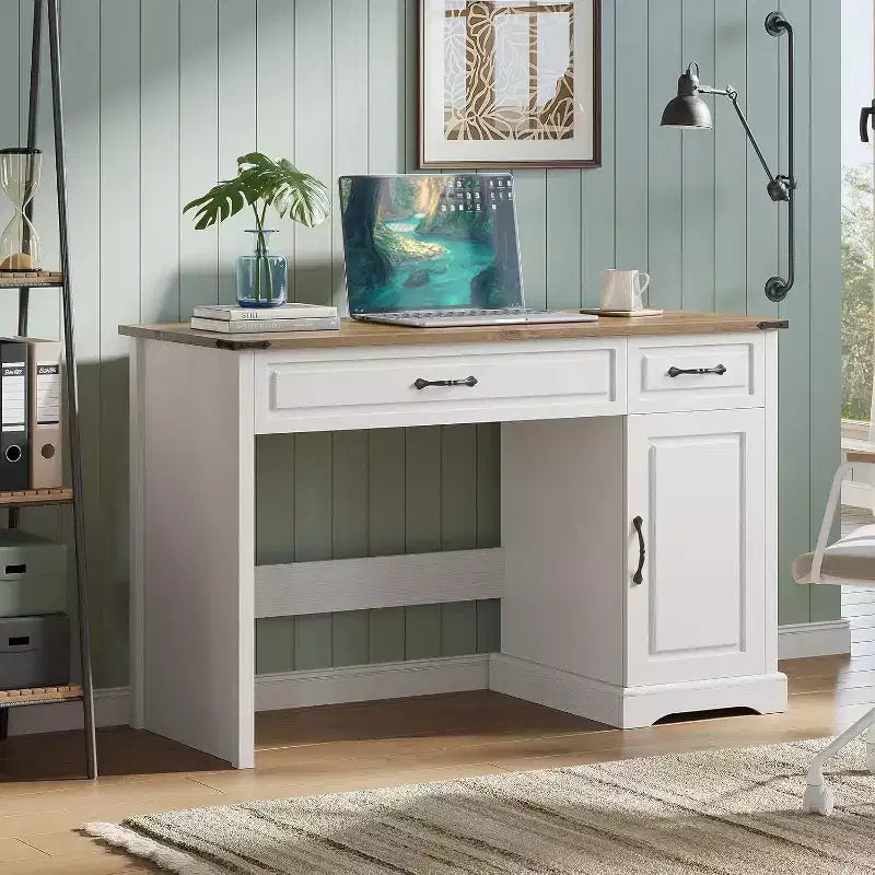 Scrivania in stile rustico con cassetti e armadietto – Bianco anticato, 1 persona