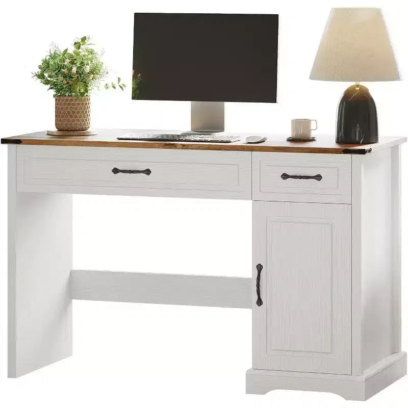 Scrivania in stile rustico con cassetti e armadietto – Bianco anticato, 1 persona