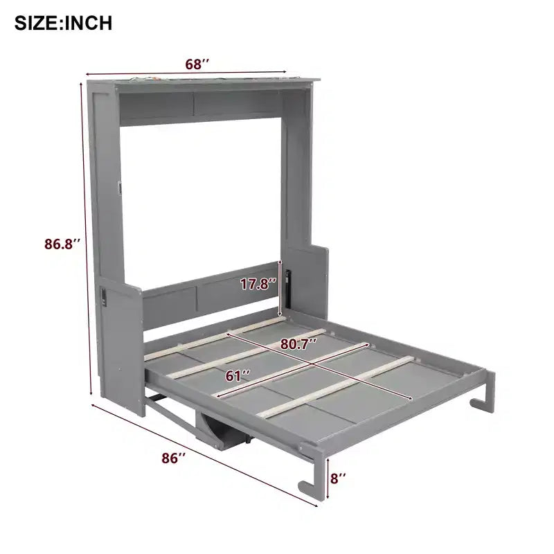 Letto a scomparsa matrimoniale con scrivania, luci LED e porta USB – Grigio/Bianco, per 1-2 persone
