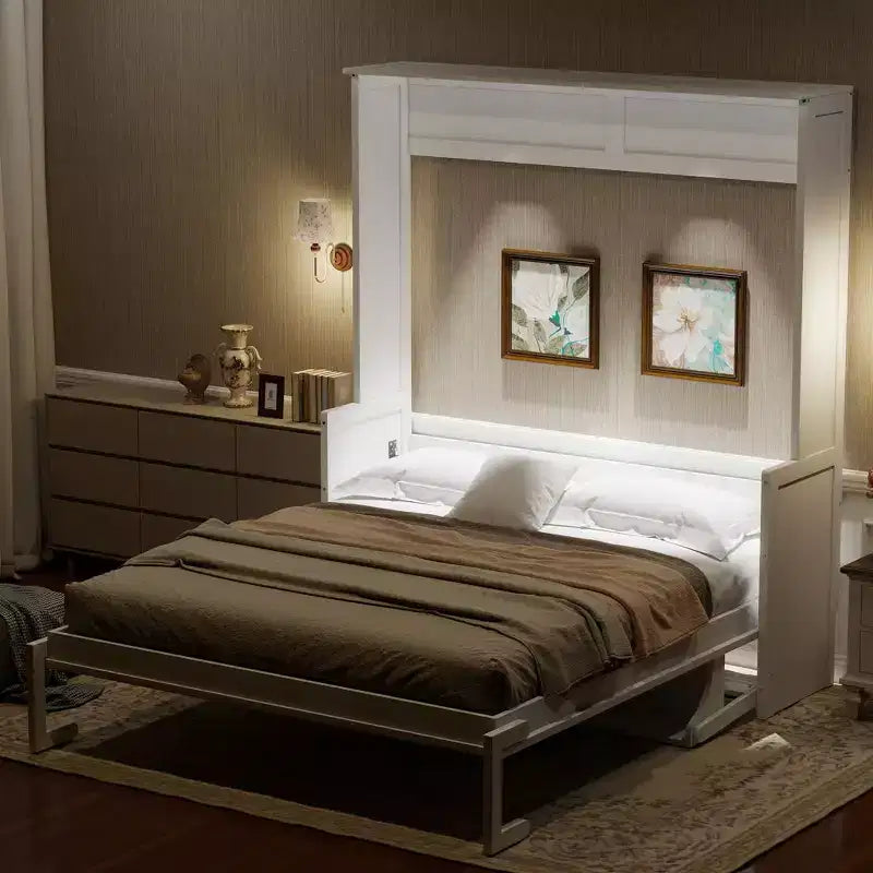 Letto a scomparsa matrimoniale con scrivania, luci LED e porta USB – Grigio/Bianco, per 1-2 persone