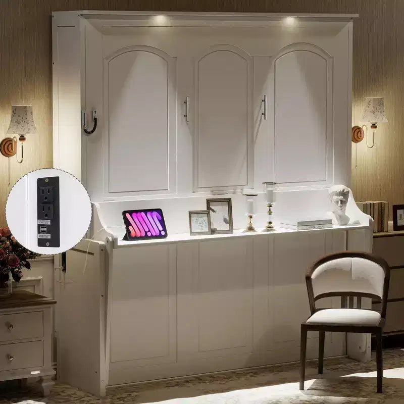Letto a scomparsa matrimoniale con scrivania, luci LED e porta USB – Grigio/Bianco, per 1-2 persone