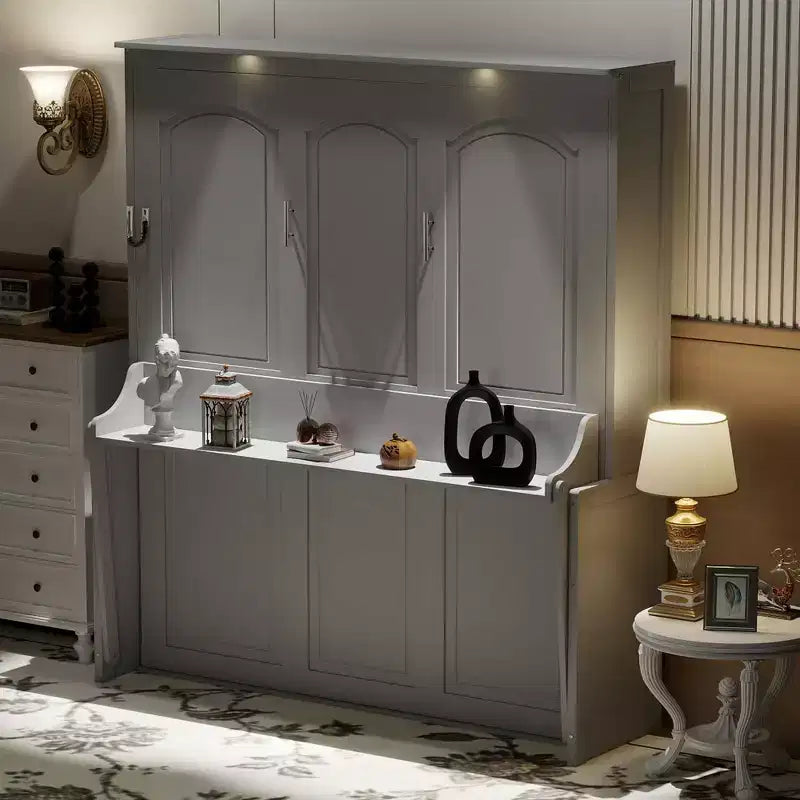 Letto a scomparsa matrimoniale con scrivania, luci LED e porta USB – Grigio/Bianco, per 1-2 persone