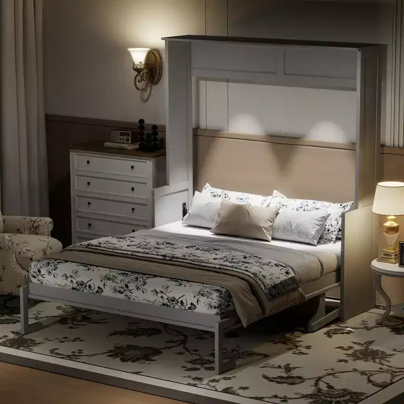 Letto a scomparsa matrimoniale con scrivania, luci LED e porta USB – Grigio/Bianco, per 1-2 persone