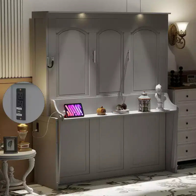 Letto a scomparsa matrimoniale con scrivania, luci LED e porta USB – Grigio/Bianco, per 1-2 persone