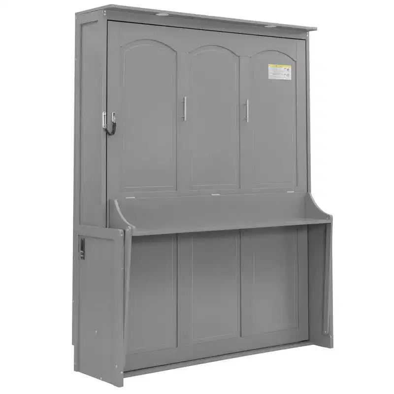 Letto a scomparsa matrimoniale con scrivania, luci LED e porta USB – Grigio/Bianco, per 1-2 persone