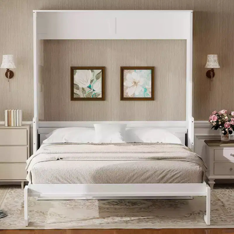 Letto a scomparsa matrimoniale con scrivania, luci LED e porta USB – Grigio/Bianco, per 1-2 persone