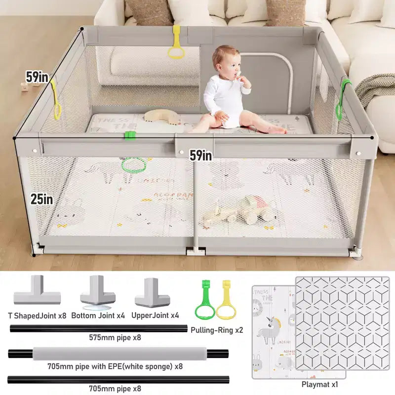 Box per bambini pieghevole grigio chiaro/grigio con tappetino – 150×150×68 cm, 1 bambino