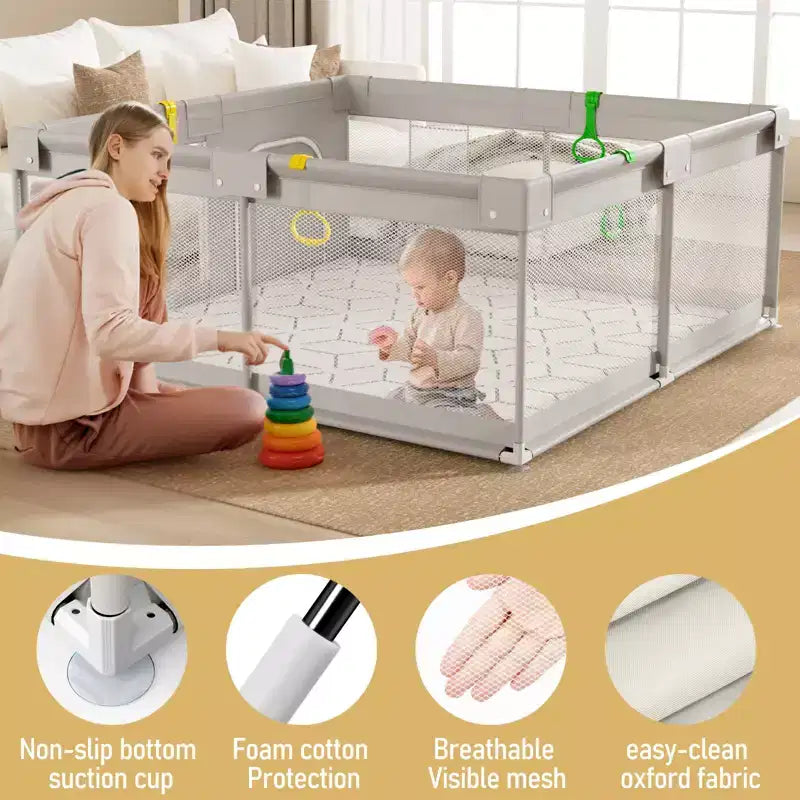 Box per bambini pieghevole grigio chiaro/grigio con tappetino – 150×150×68 cm, 1 bambino