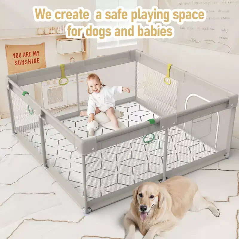 Box per bambini pieghevole grigio chiaro/grigio con tappetino – 150×150×68 cm, 1 bambino