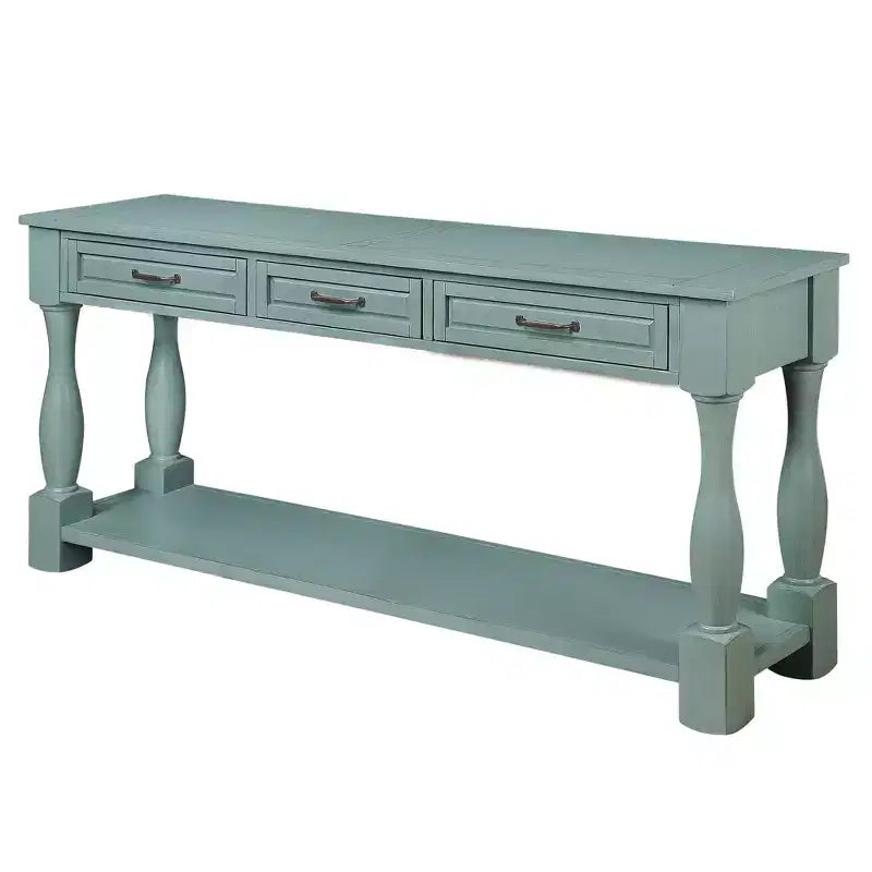 Consolle Blu a 3 Cassetti in Legno di Pino, Stile Mid-Century