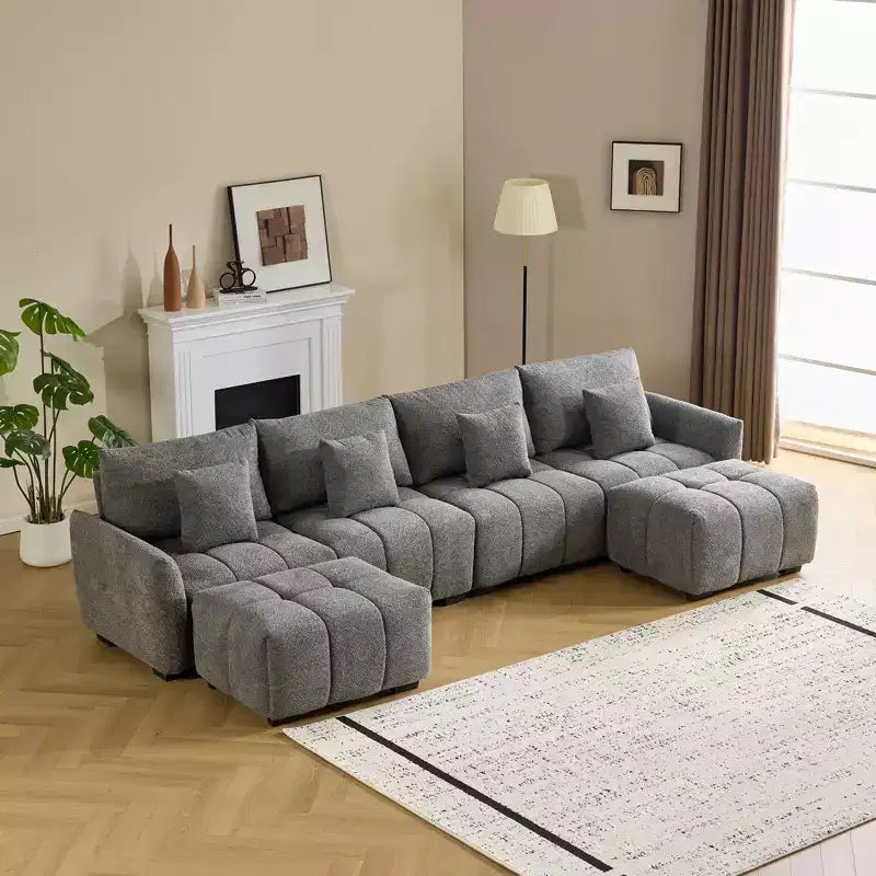 Divano sezionale in boucle a L con pouf — Marrone / Grigio / Verde, 4 posti, Bracciolo rotondo