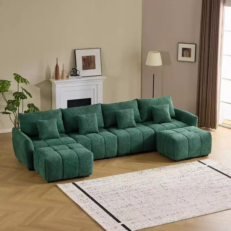 Divano sezionale in boucle a L con pouf — Marrone / Grigio / Verde, 4 posti, Bracciolo rotondo