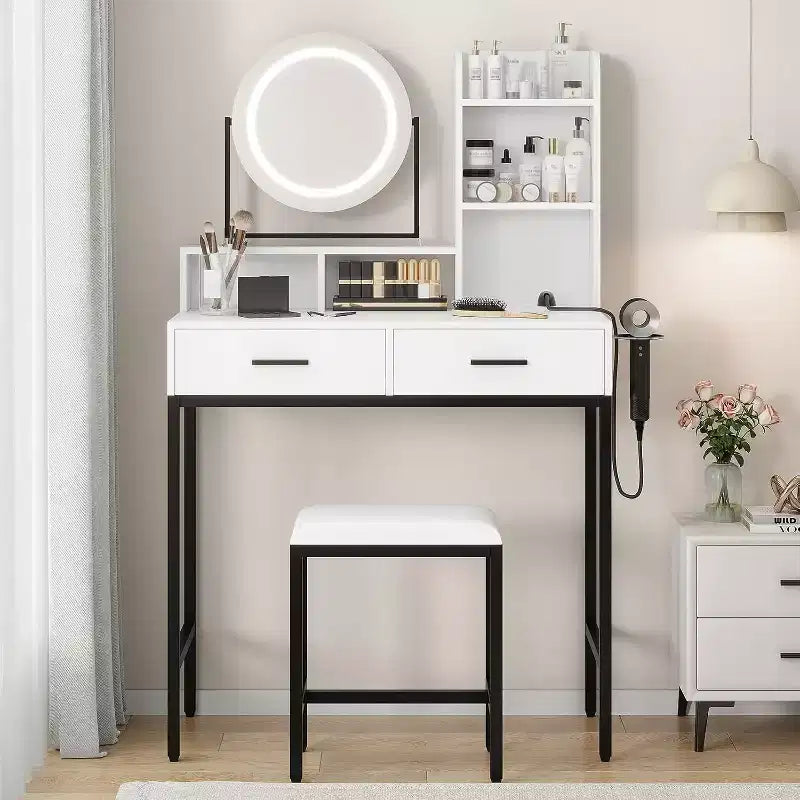 Toeletta Bianca con Specchio Girevole, 2 Cassetti e Sgabello – 1 Persona
