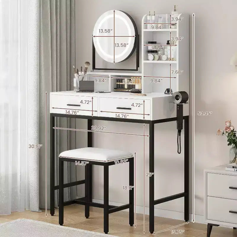 Toeletta Bianca con Specchio Girevole, 2 Cassetti e Sgabello – 1 Persona