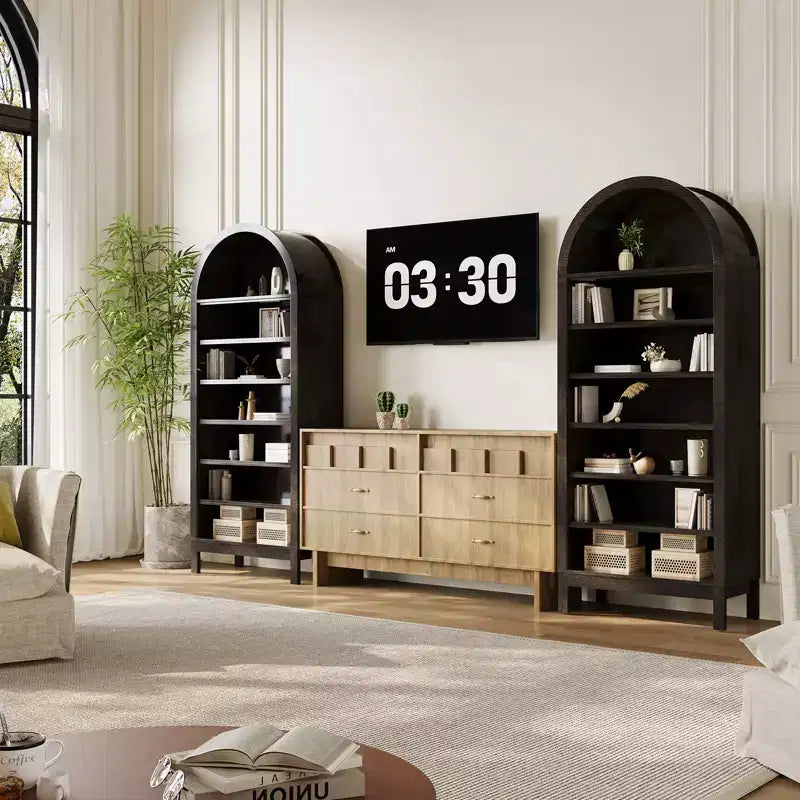 Libreria ad arco a 7 ripiani con mensole regolabili — Rovere nero / Rovere, Autoportante