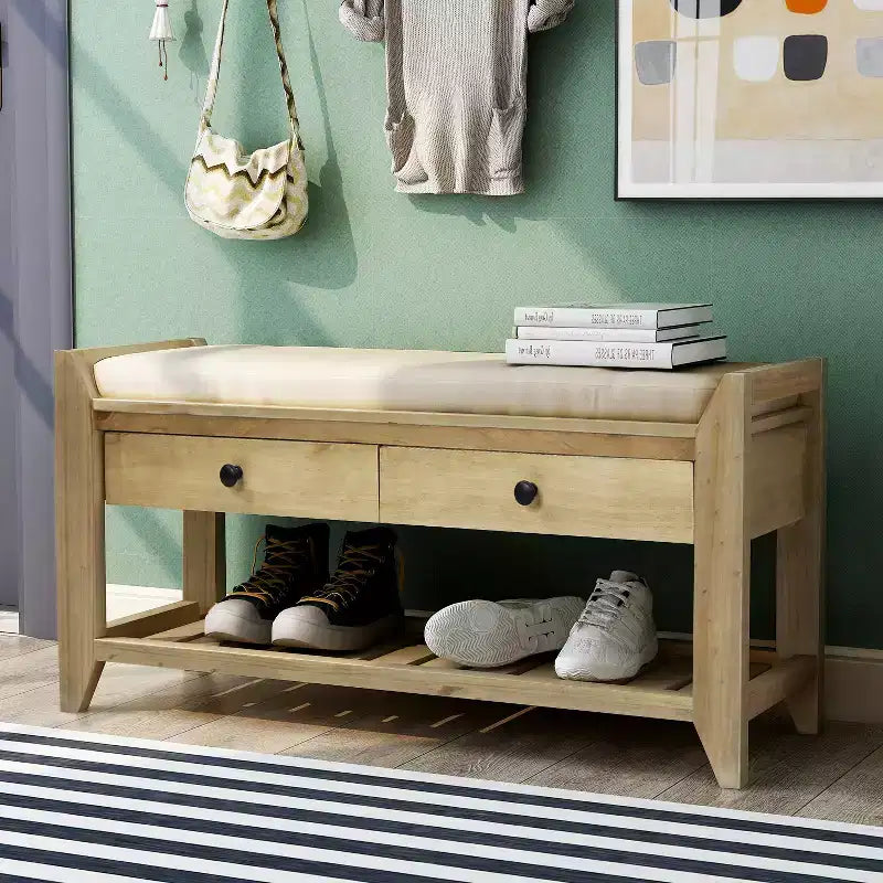 Panca Contenitore in Legno Massello con Seduta Imbottita e Cassetti – Effetto Invecchiato, Seduta Singola, Vari Colori