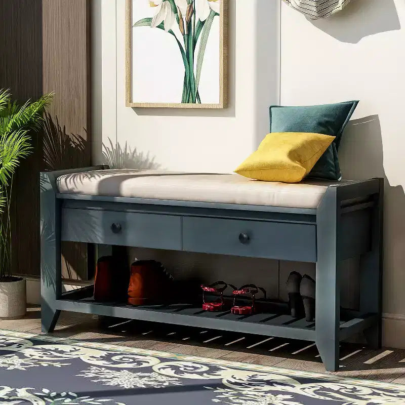 Panca Contenitore in Legno Massello con Seduta Imbottita e Cassetti – Effetto Invecchiato, Seduta Singola, Vari Colori