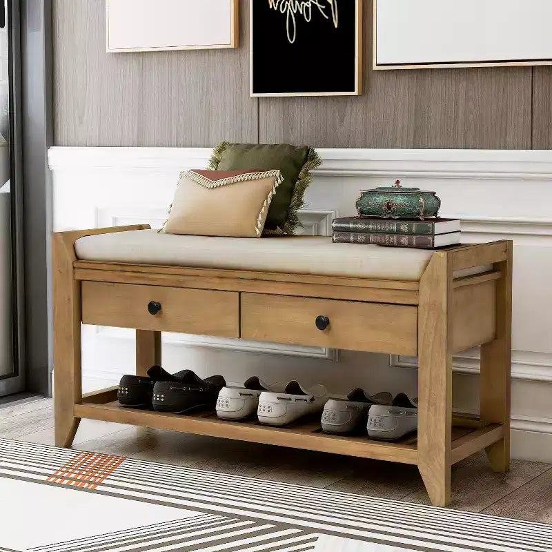 Panca Contenitore in Legno Massello con Seduta Imbottita e Cassetti – Effetto Invecchiato, Seduta Singola, Vari Colori