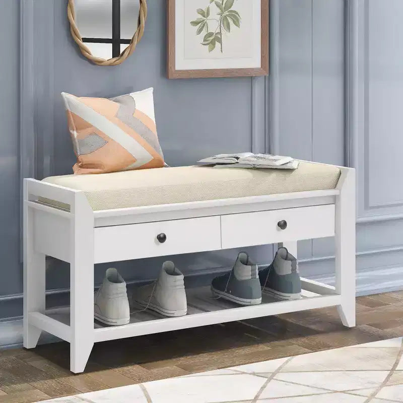 Panca Contenitore in Legno Massello con Seduta Imbottita e Cassetti – Effetto Invecchiato, Seduta Singola, Vari Colori