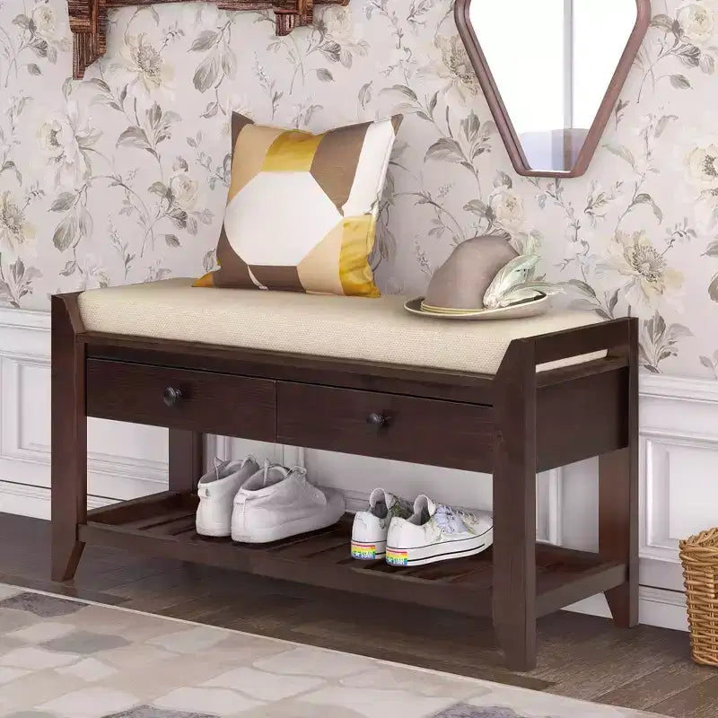 Panca Contenitore in Legno Massello con Seduta Imbottita e Cassetti – Effetto Invecchiato, Seduta Singola, Vari Colori