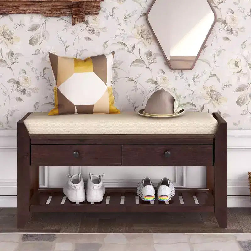 Panca Contenitore in Legno Massello con Seduta Imbottita e Cassetti – Effetto Invecchiato, Seduta Singola, Vari Colori