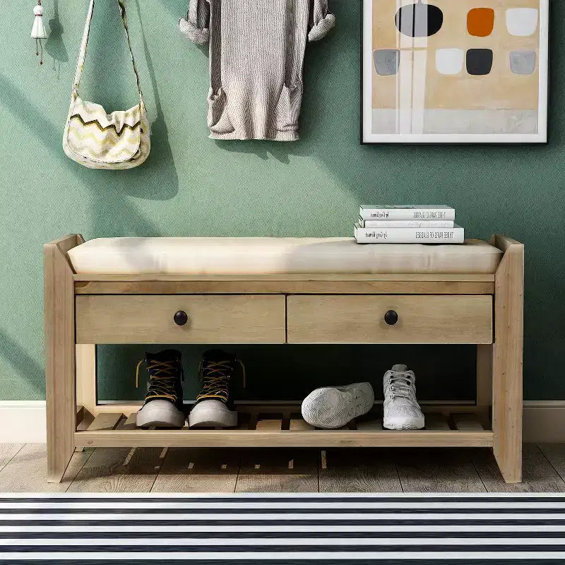 Panca Contenitore in Legno Massello con Seduta Imbottita e Cassetti – Effetto Invecchiato, Seduta Singola, Vari Colori