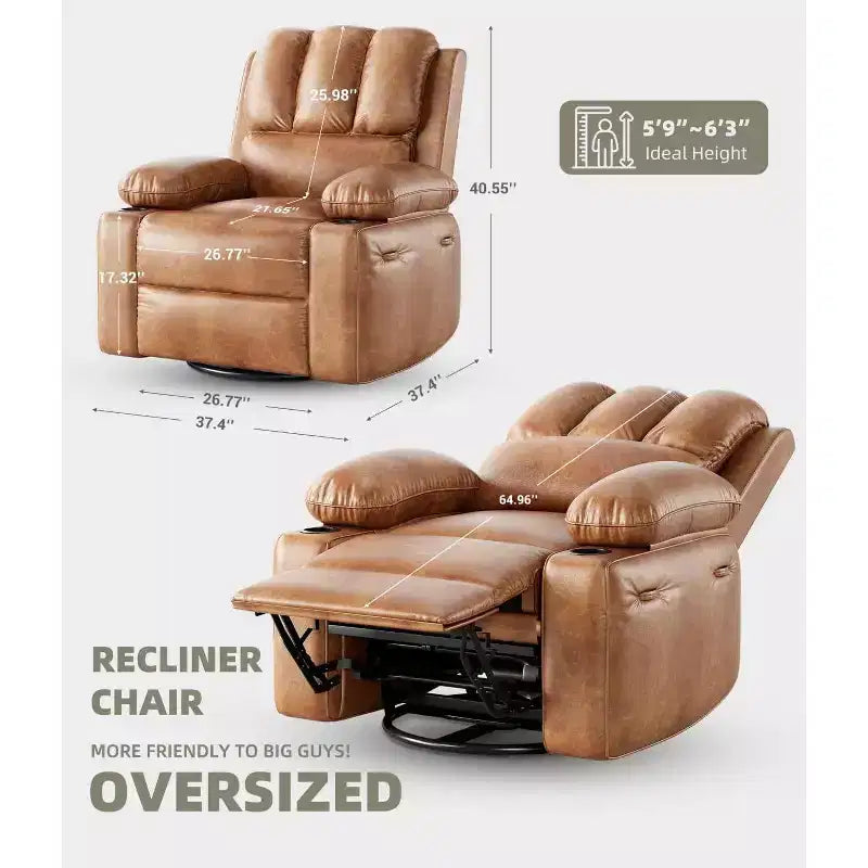 Poltrona Reclinabile Manuale Oversize con Girevole a 360° e Funzione Dondolo, Calore e Massaggio, Posto Singolo – Beige / Marrone / Caffè / Grigio / Kaki