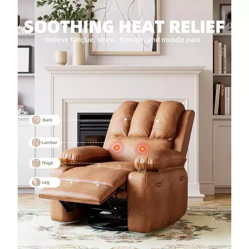 Poltrona Reclinabile Manuale Oversize con Girevole a 360° e Funzione Dondolo, Calore e Massaggio, Posto Singolo – Beige / Marrone / Caffè / Grigio / Kaki