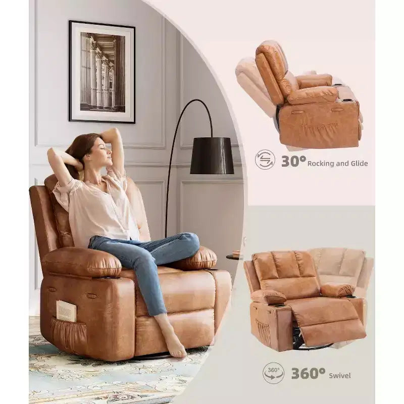 Poltrona Reclinabile Manuale Oversize con Girevole a 360° e Funzione Dondolo, Calore e Massaggio, Posto Singolo – Beige / Marrone / Caffè / Grigio / Kaki
