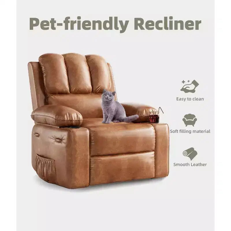 Poltrona Reclinabile Manuale Oversize con Girevole a 360° e Funzione Dondolo, Calore e Massaggio, Posto Singolo – Beige / Marrone / Caffè / Grigio / Kaki