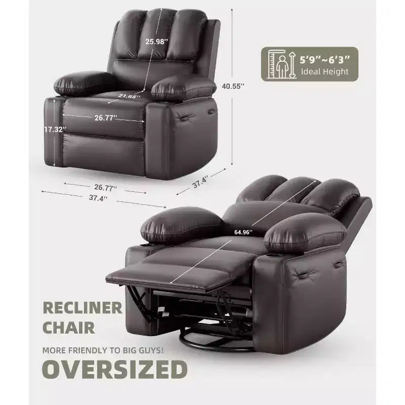 Poltrona Reclinabile Manuale Oversize con Girevole a 360° e Funzione Dondolo, Calore e Massaggio, Posto Singolo – Beige / Marrone / Caffè / Grigio / Kaki