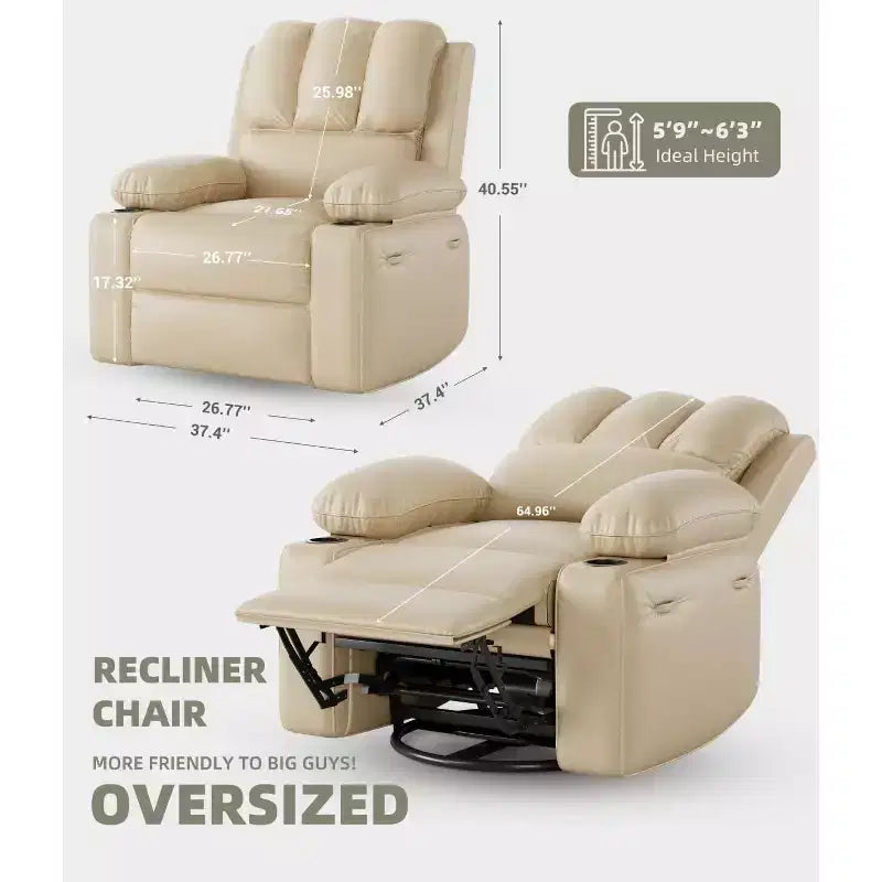 Poltrona Reclinabile Manuale Oversize con Girevole a 360° e Funzione Dondolo, Calore e Massaggio, Posto Singolo – Beige / Marrone / Caffè / Grigio / Kaki
