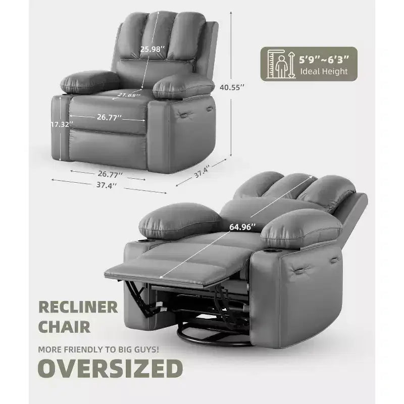 Poltrona Reclinabile Manuale Oversize con Girevole a 360° e Funzione Dondolo, Calore e Massaggio, Posto Singolo – Beige / Marrone / Caffè / Grigio / Kaki