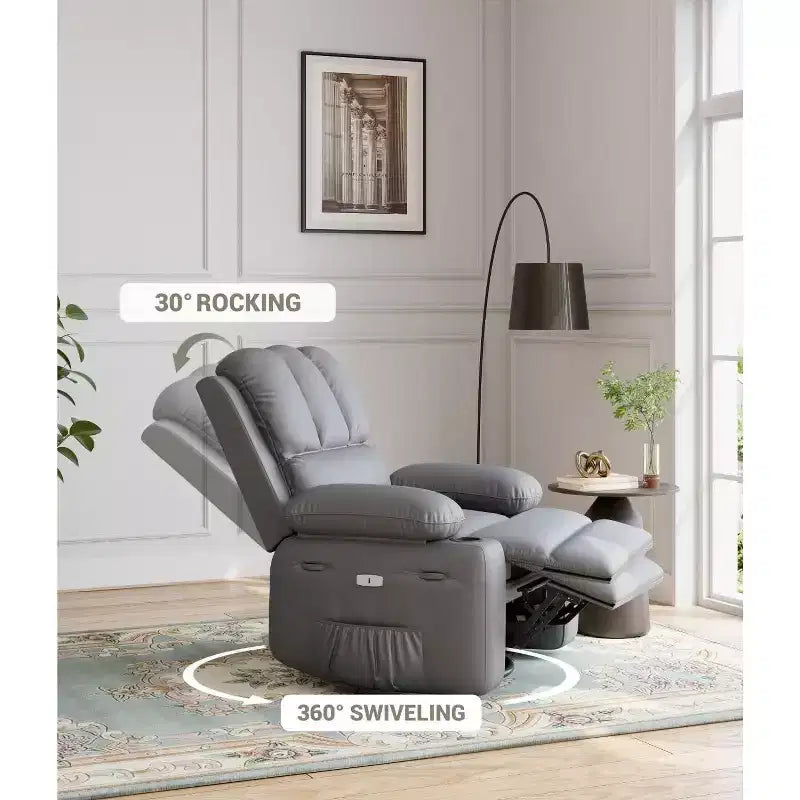 Poltrona Reclinabile Manuale Oversize con Girevole a 360° e Funzione Dondolo, Calore e Massaggio, Posto Singolo – Beige / Marrone / Caffè / Grigio / Kaki