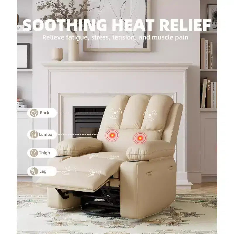 Poltrona Reclinabile Manuale Oversize con Girevole a 360° e Funzione Dondolo, Calore e Massaggio, Posto Singolo – Beige / Marrone / Caffè / Grigio / Kaki