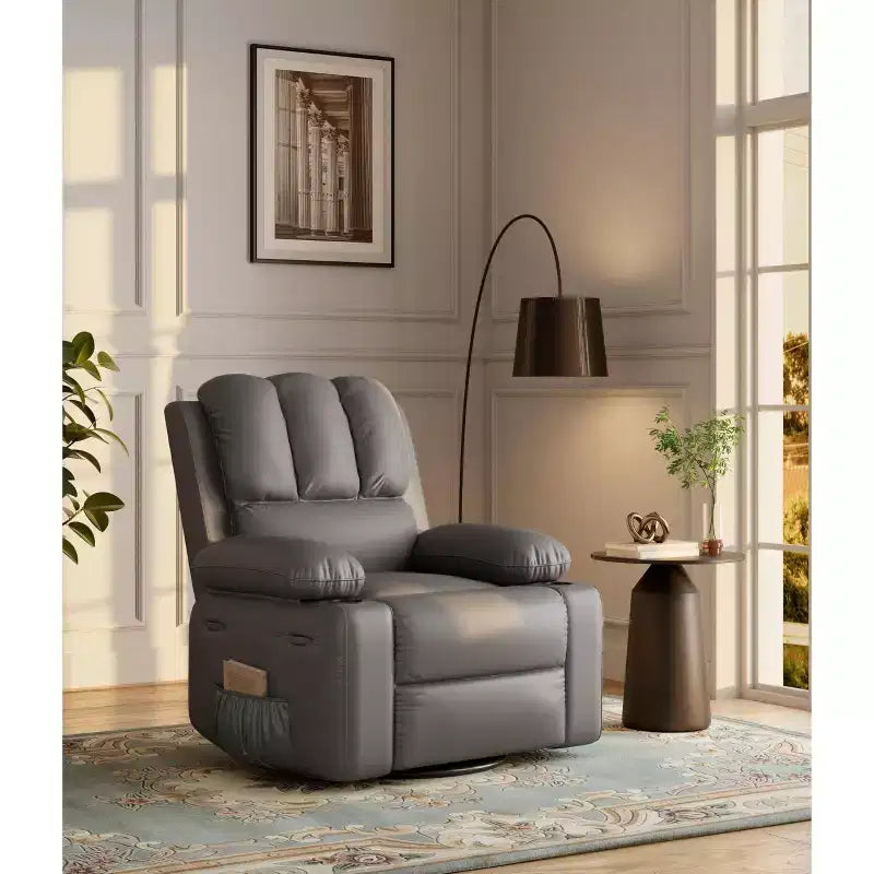 Poltrona Reclinabile Manuale Oversize con Girevole a 360° e Funzione Dondolo, Calore e Massaggio, Posto Singolo – Beige / Marrone / Caffè / Grigio / Kaki
