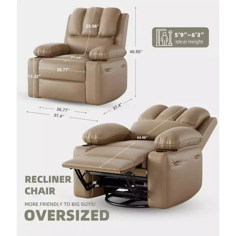 Poltrona Reclinabile Manuale Oversize con Girevole a 360° e Funzione Dondolo, Calore e Massaggio, Posto Singolo – Beige / Marrone / Caffè / Grigio / Kaki