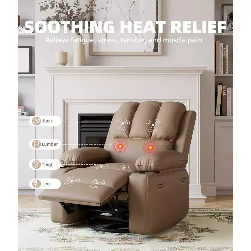 Poltrona Reclinabile Manuale Oversize con Girevole a 360° e Funzione Dondolo, Calore e Massaggio, Posto Singolo – Beige / Marrone / Caffè / Grigio / Kaki