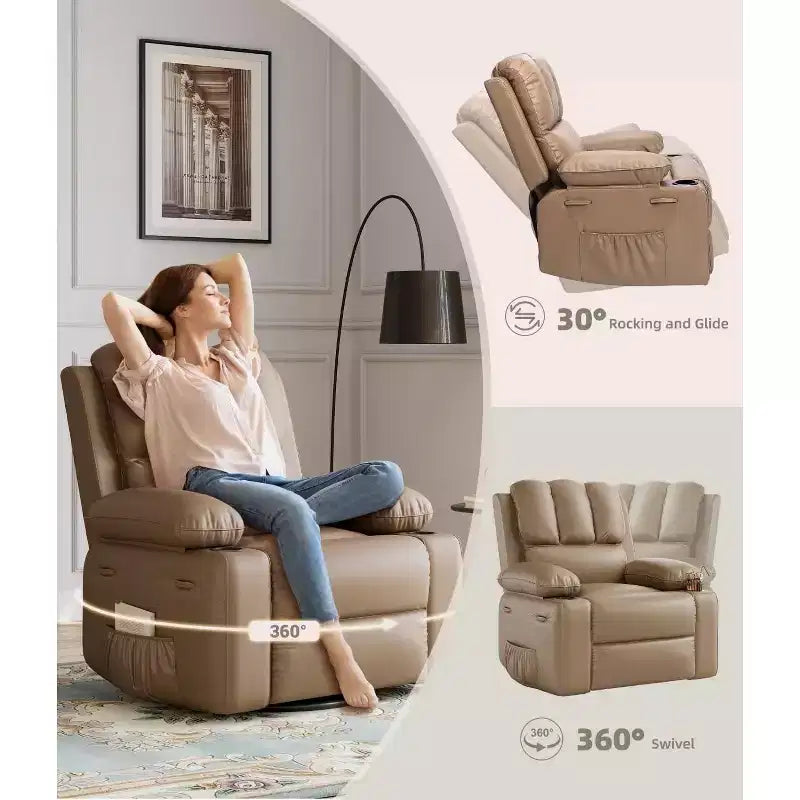 Poltrona Reclinabile Manuale Oversize con Girevole a 360° e Funzione Dondolo, Calore e Massaggio, Posto Singolo – Beige / Marrone / Caffè / Grigio / Kaki