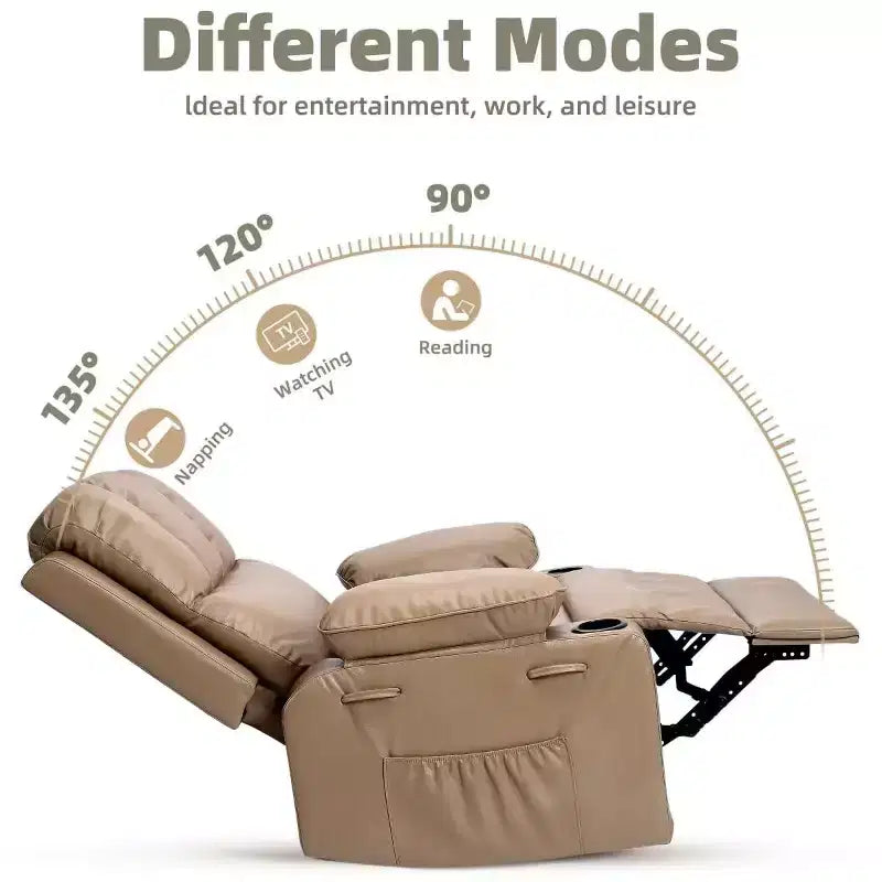 Poltrona Reclinabile Manuale Oversize con Girevole a 360° e Funzione Dondolo, Calore e Massaggio, Posto Singolo – Beige / Marrone / Caffè / Grigio / Kaki