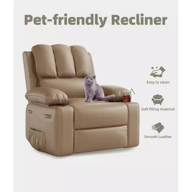 Poltrona Reclinabile Manuale Oversize con Girevole a 360° e Funzione Dondolo, Calore e Massaggio, Posto Singolo – Beige / Marrone / Caffè / Grigio / Kaki