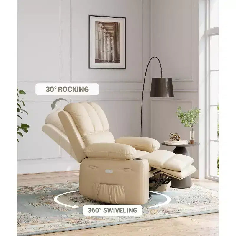 Poltrona Reclinabile Manuale Oversize con Girevole a 360° e Funzione Dondolo, Calore e Massaggio, Posto Singolo – Beige / Marrone / Caffè / Grigio / Kaki