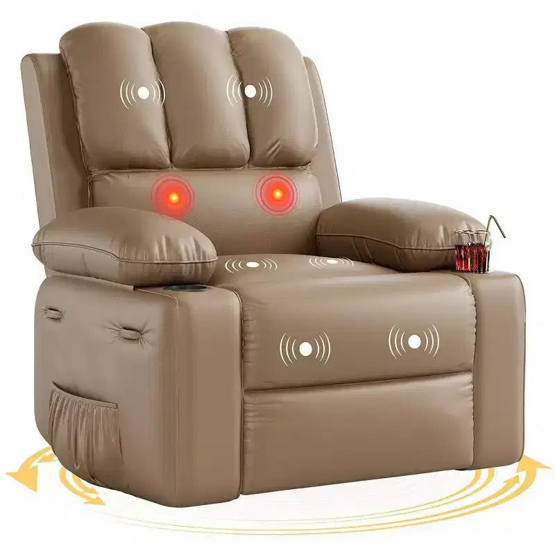 Poltrona Reclinabile Manuale Oversize con Girevole a 360° e Funzione Dondolo, Calore e Massaggio, Posto Singolo – Beige / Marrone / Caffè / Grigio / Kaki